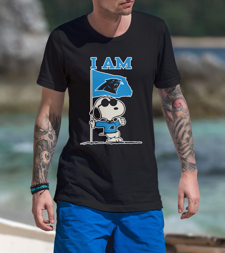 Carolina Panthers Snoopy I Am Peanuts Blue Flag T-Shirt