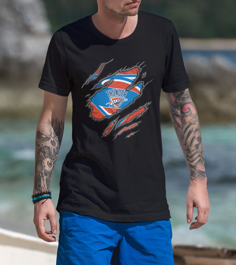Oklahoma City Thunder Okc Emblem With Superman Style Ripped T-Shirt