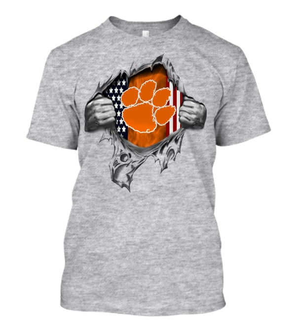 Clemson Tigers Paw Print American Flag Ripped T-Shirt