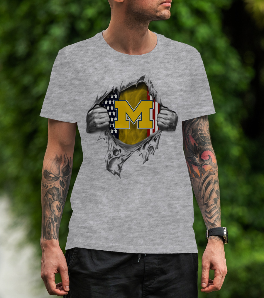 Michigan Wolverines M Logo With American Flag Tear T-Shirt