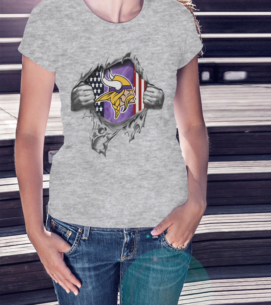 Ripped American Flag With Minnesota Vikings Logo And Viking Head T-Shirt
