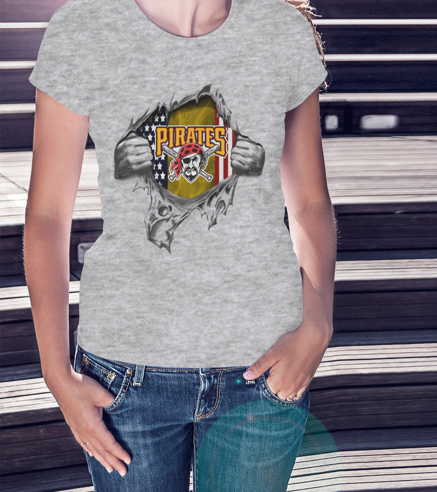 Pirates American Flag Skull And Crossed Bats Baseball Tear T-Shirt