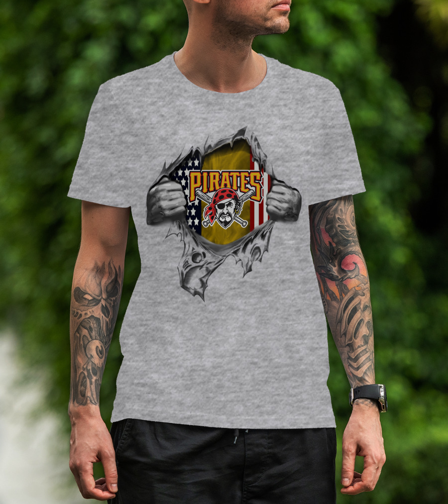 Pirates American Flag Skull And Crossed Bats Baseball Tear T-Shirt