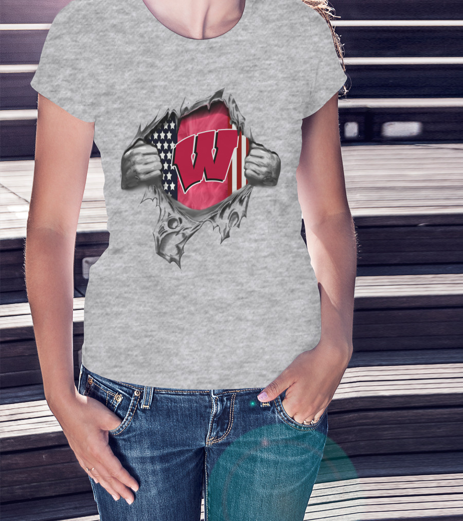 Wisconsin Badgers American Flag Ripped Reveal T-Shirt