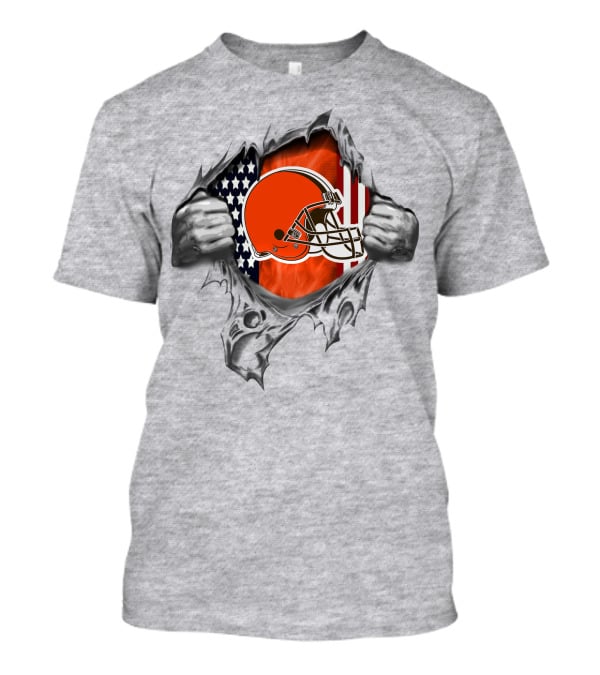 Cleveland Browns Helmet Over American Flag Background With Grayscale Ripped Effect T-Shirt