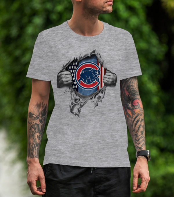Chicago Cubs Bear With American Flag And Torn T-Shirt