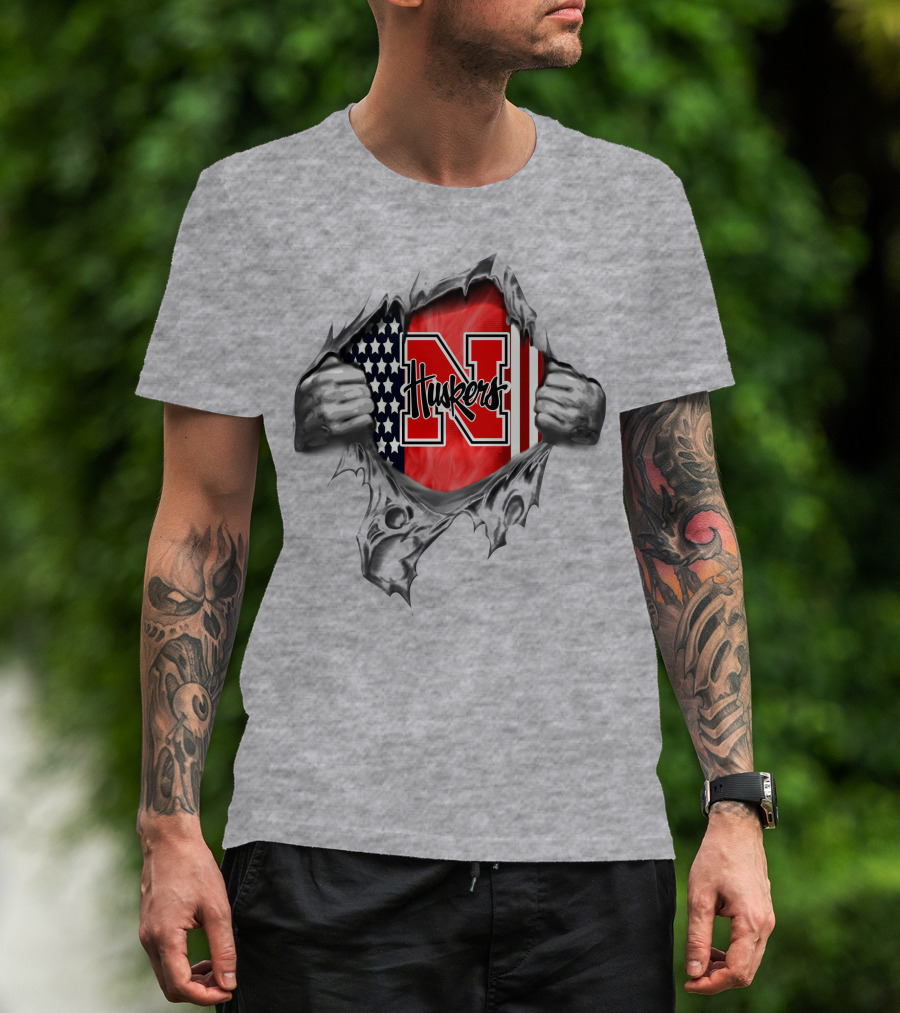 American Flag Nebraska Huskers N Logo Torn T-Shirt
