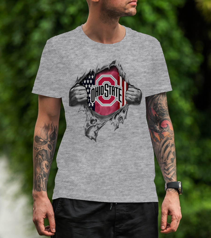 Ohio State Buckeyes American Flag Rip Through T-Shirt