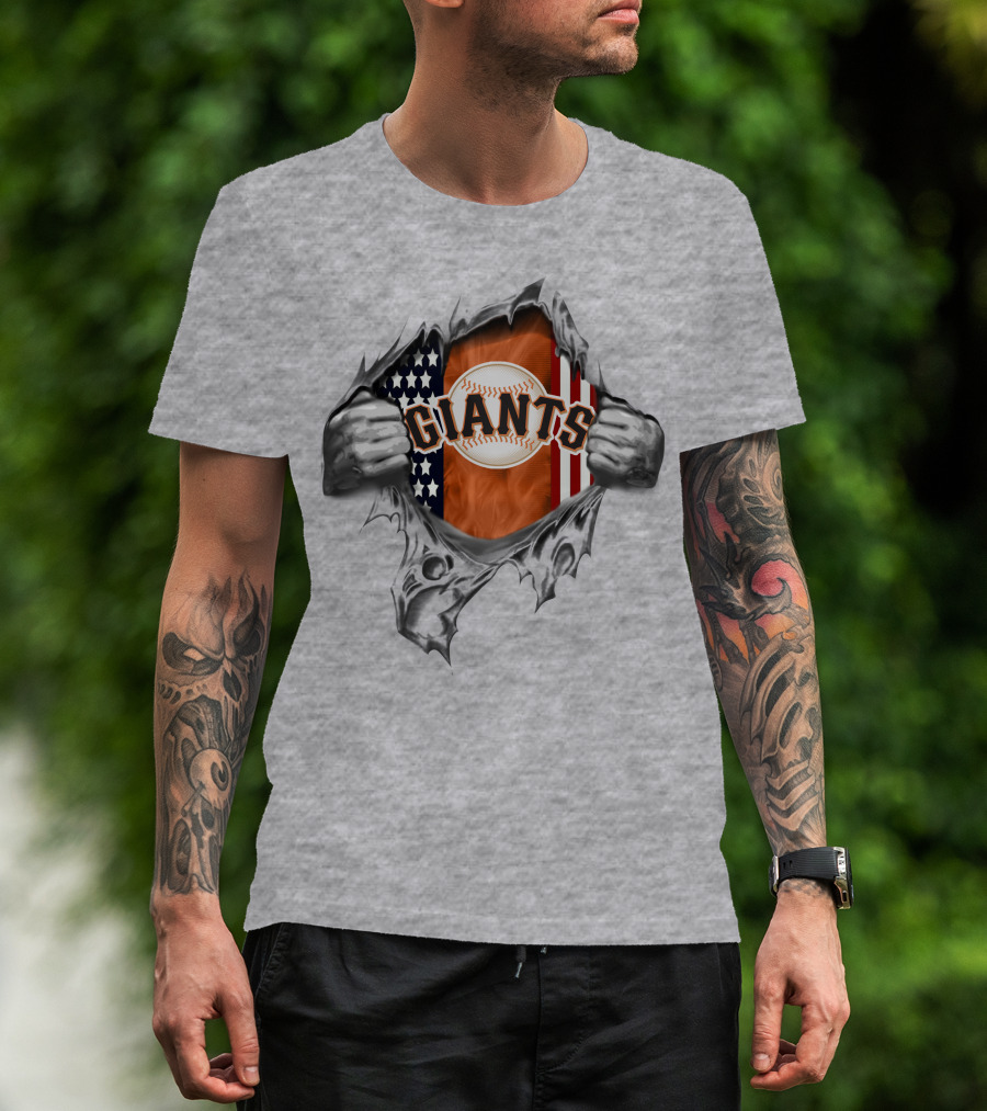 Giants Baseball American Flag Tear With Baseball T-Shirt