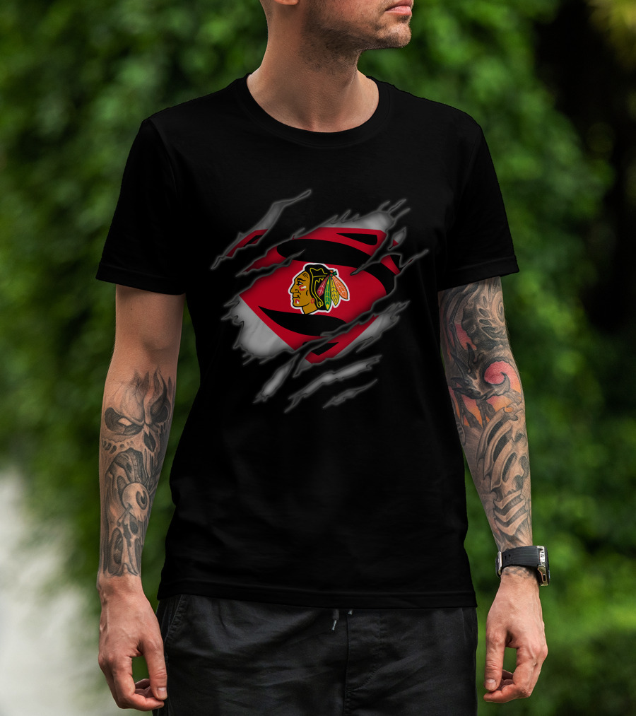 Chicago Blackhawks Superman Logo Claw Ripped Effect T-Shirt