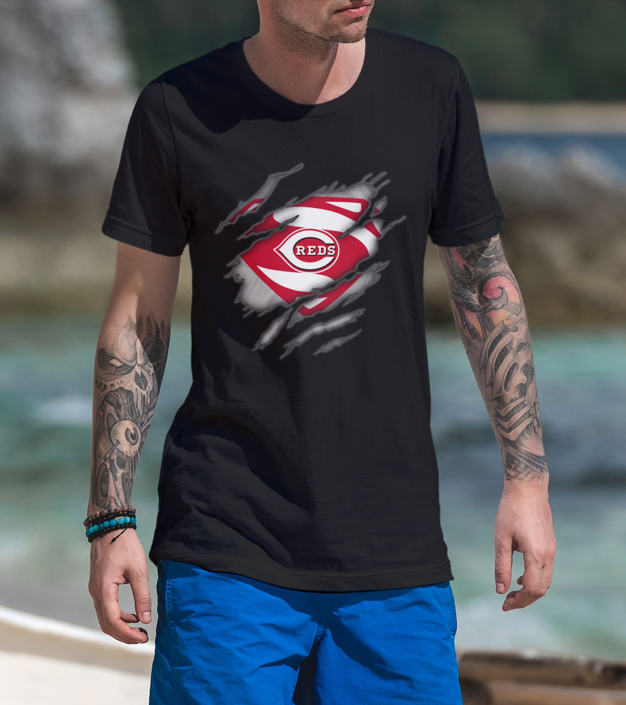 Cincinnati Reds Logo Superman Style Tear Reveal T-Shirt
