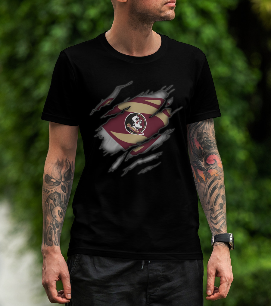 Florida State Seminoles Logo With Superman Style Rip Effect T-Shirt