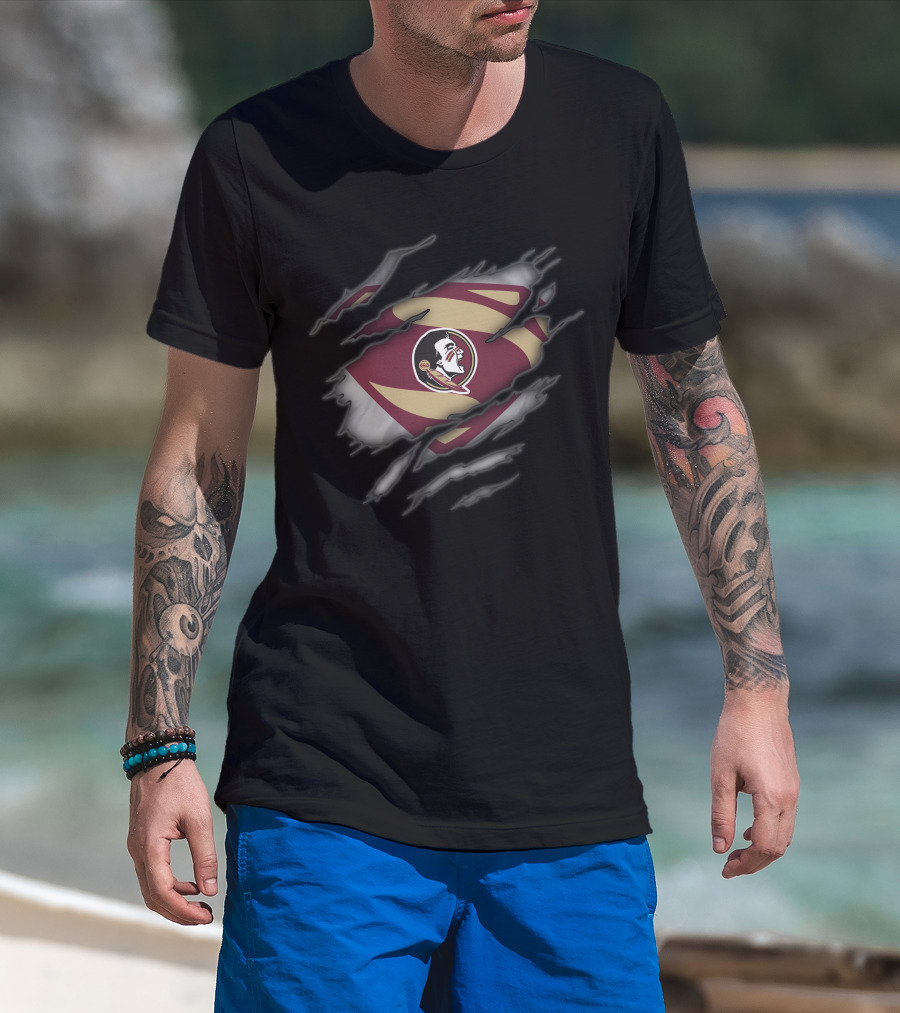 Florida State Seminoles Logo With Superman Style Rip Effect T-Shirt