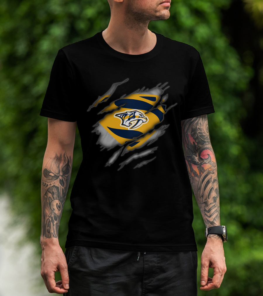 Nashville Predators Rip Through Logo Superhero Style T-Shirt