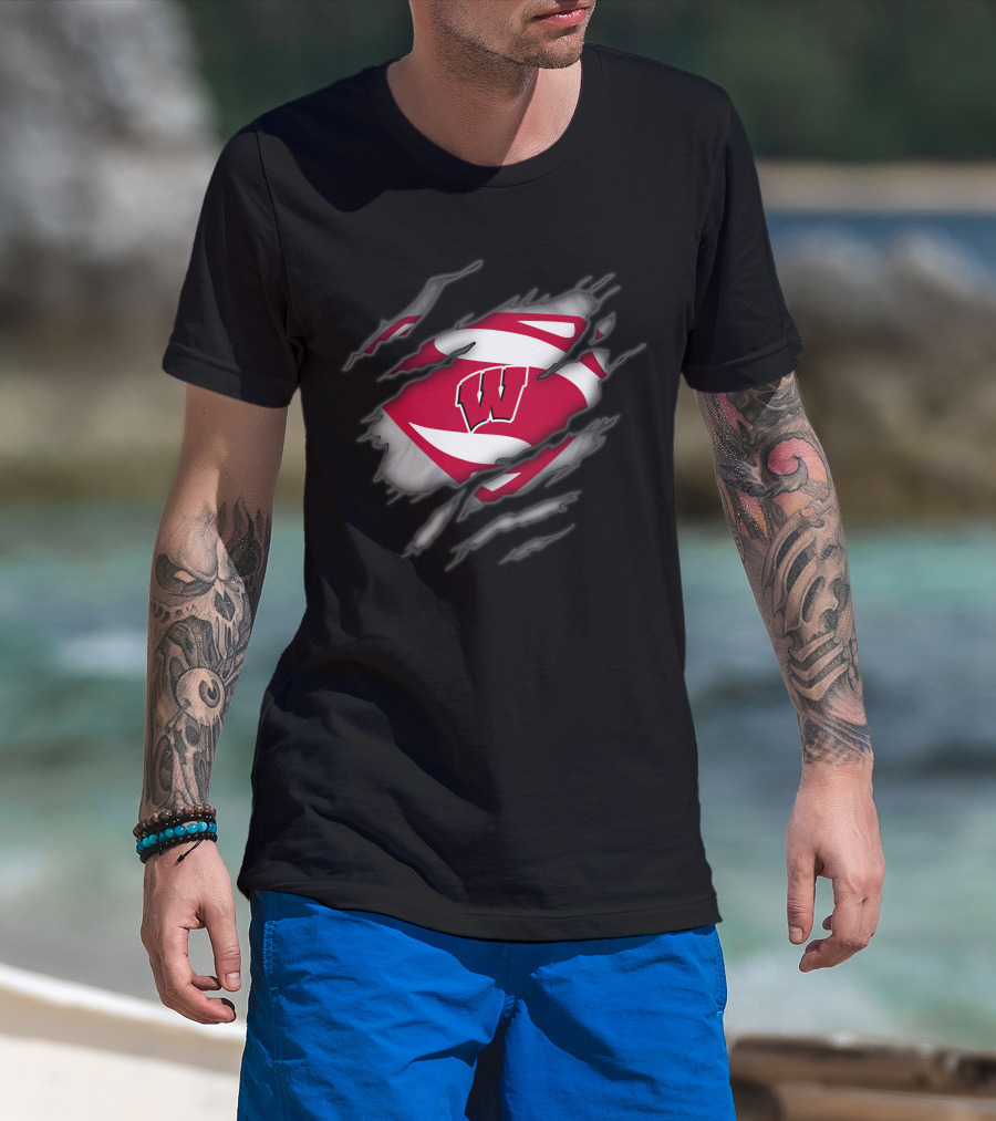 Wisconsin Badgers Logo With Superman Style Shield Print T-Shirt