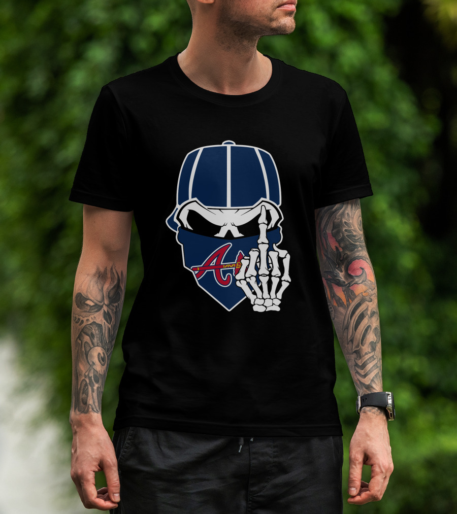 Atlanta Braves Skull Bandana And Skeleton Hand Gesture T-Shirt