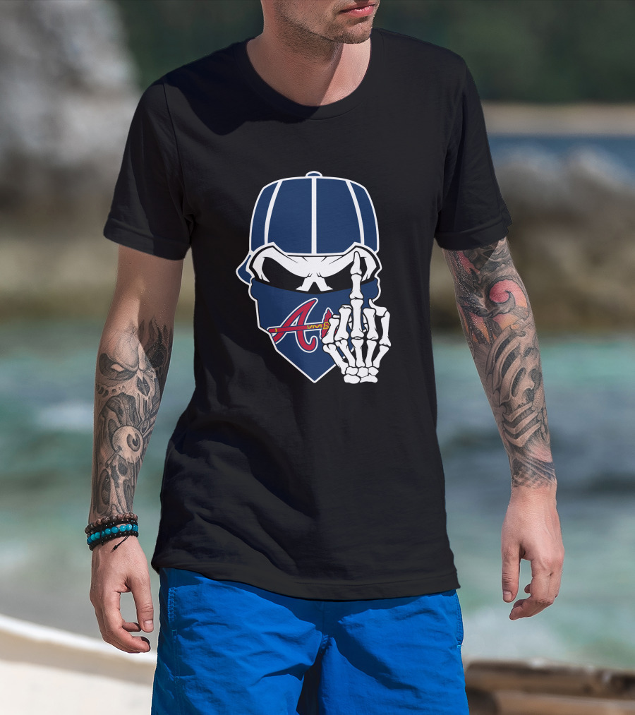Atlanta Braves Skull Bandana And Skeleton Hand Gesture T-Shirt