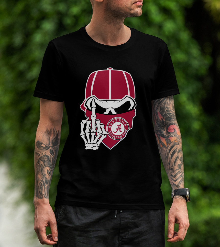 Alabama Crimson Tide Skull Skeleton Bandana Middle Finger T-Shirt