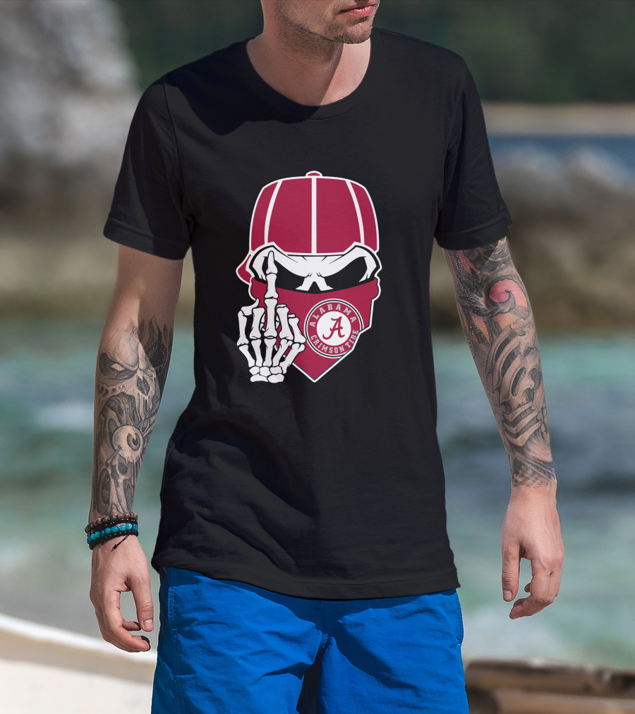 Alabama Crimson Tide Skull Skeleton Bandana Middle Finger T-Shirt