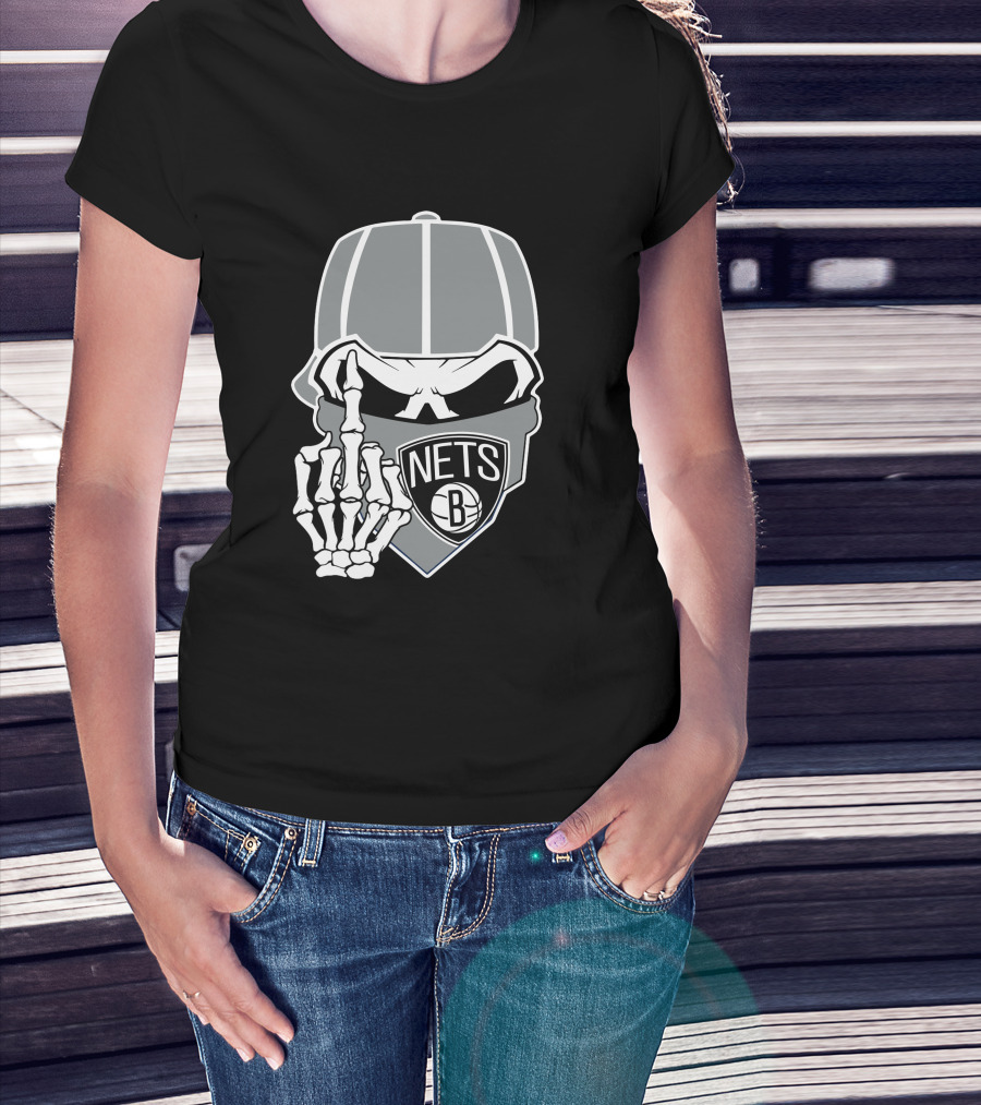 Brooklyn Nets Skull Skeleton Hand Gesture T-Shirt