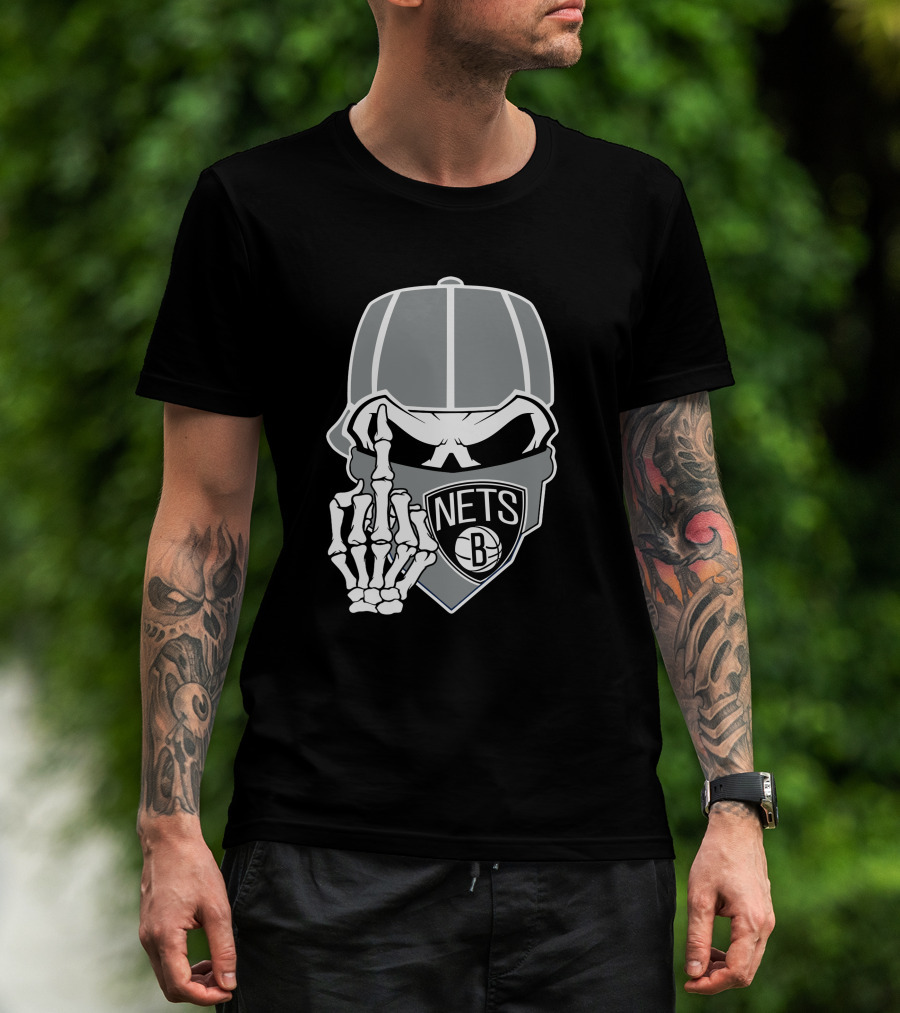 Brooklyn Nets Skull Skeleton Hand Gesture T-Shirt