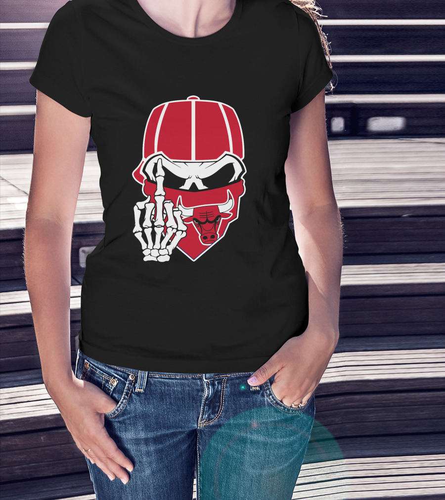 Chicago Bulls Skull Bandana Skeleton Hand Gesture T-Shirt