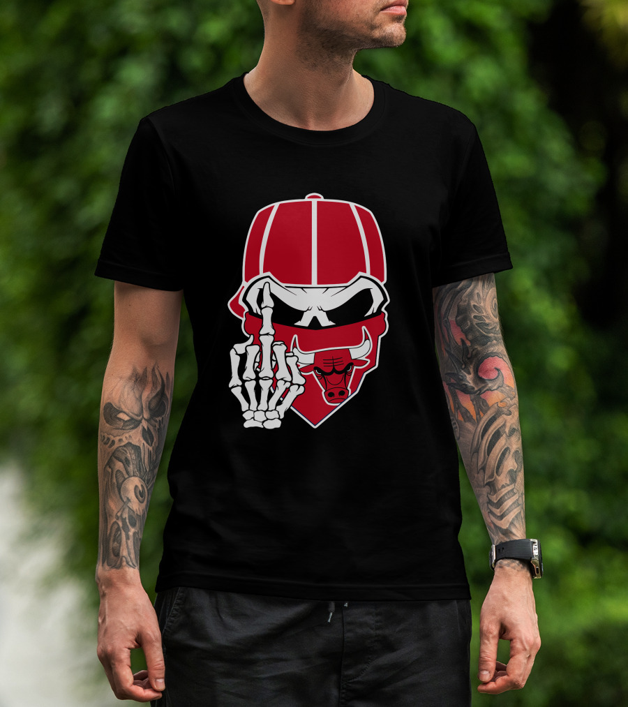 Chicago Bulls Skull Bandana Skeleton Hand Gesture T-Shirt