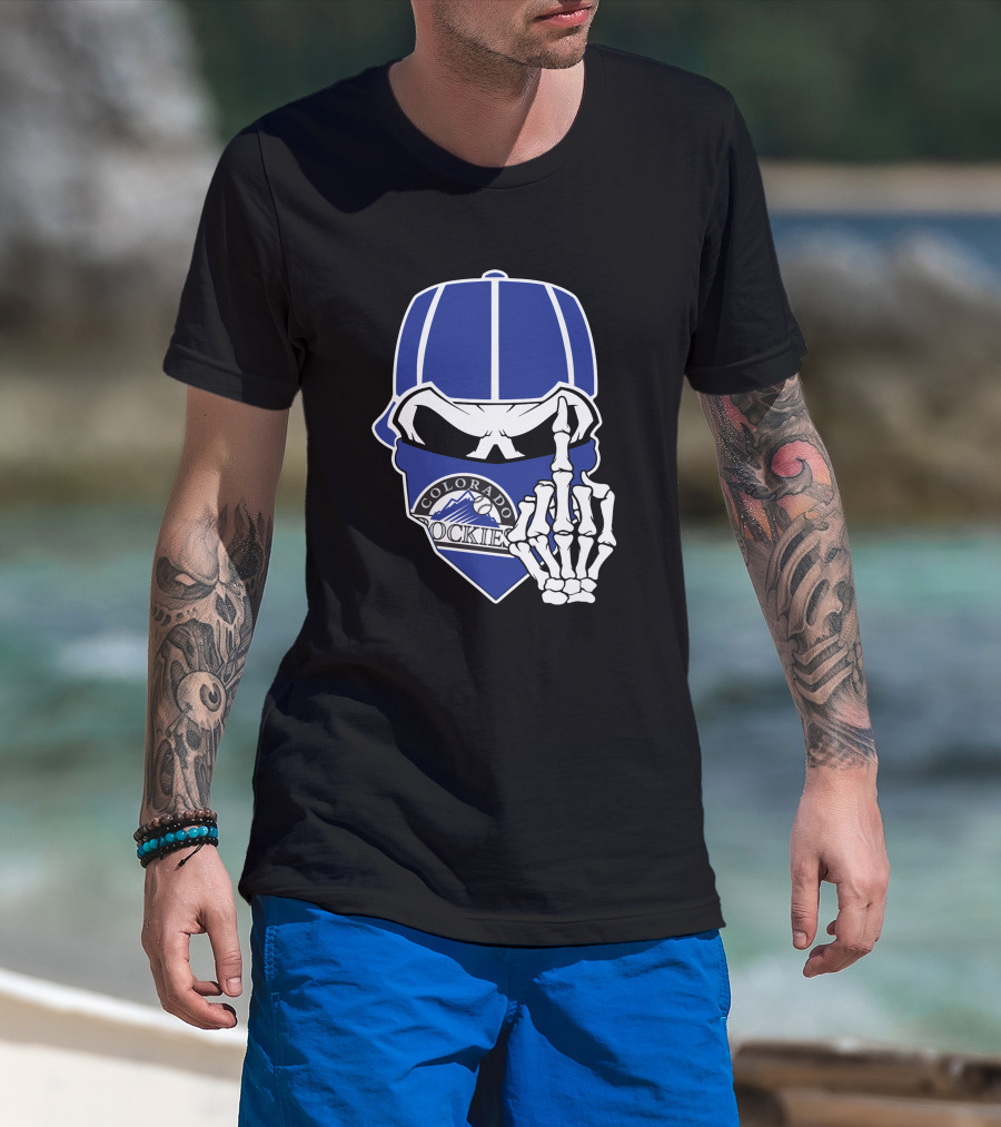 Colorado Rockies Skull Bandana With Skeleton Hand T-Shirt