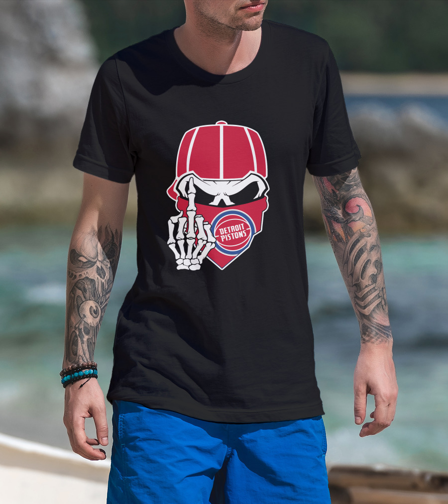 Detroit Pistons Skull Bandana Skeleton Gesture T-Shirt