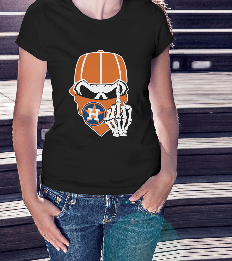 Houston Astros Skull With Cap And Skeleton Hand T-Shirt