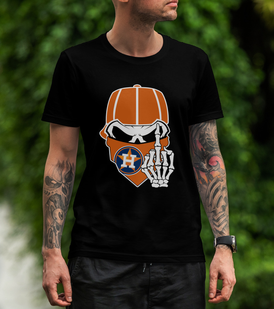 Houston Astros Skull With Cap And Skeleton Hand T-Shirt