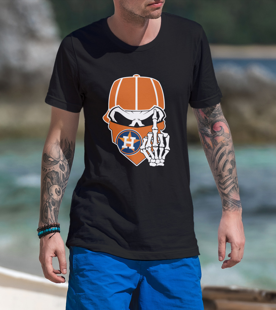 Houston Astros Skull With Cap And Skeleton Hand T-Shirt