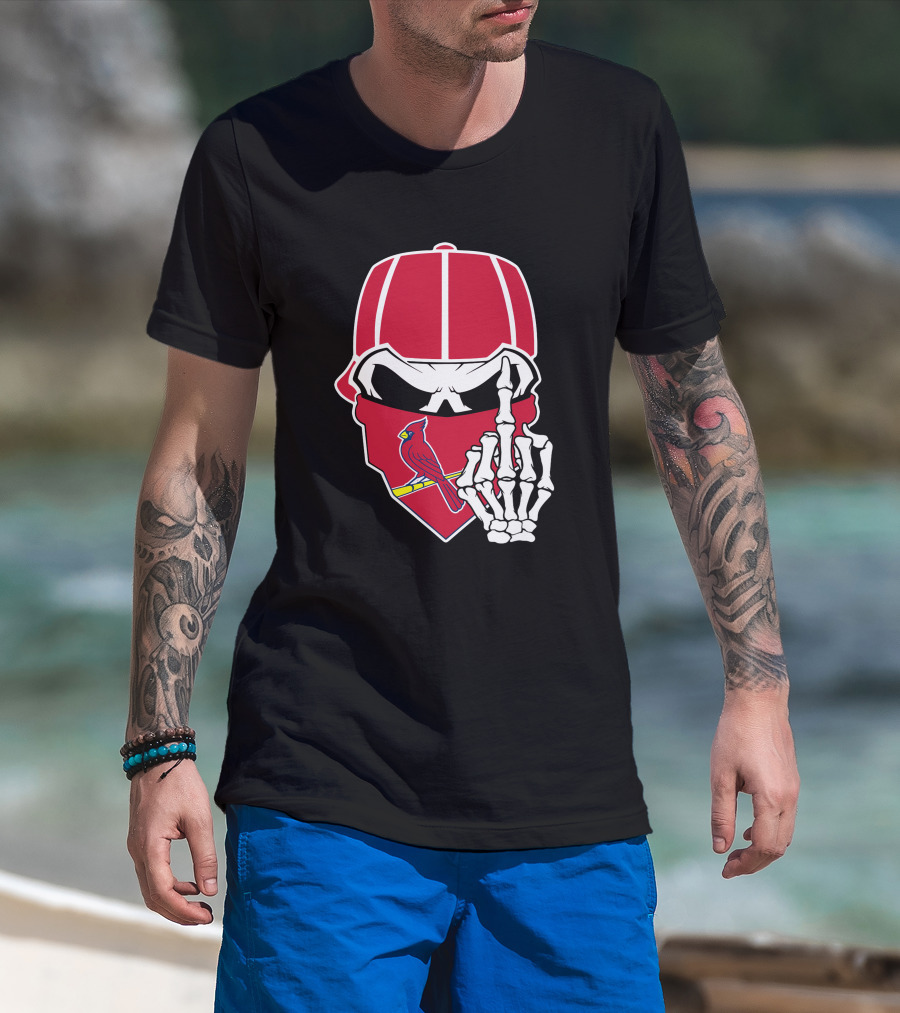 St Louis Cardinals Skull With Bandana And Skeleton Hand T-Shirt