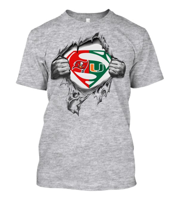 Superman Logo With Buccaneers And Miami Hurricanes Symbols Tear Reveal T-Shirt