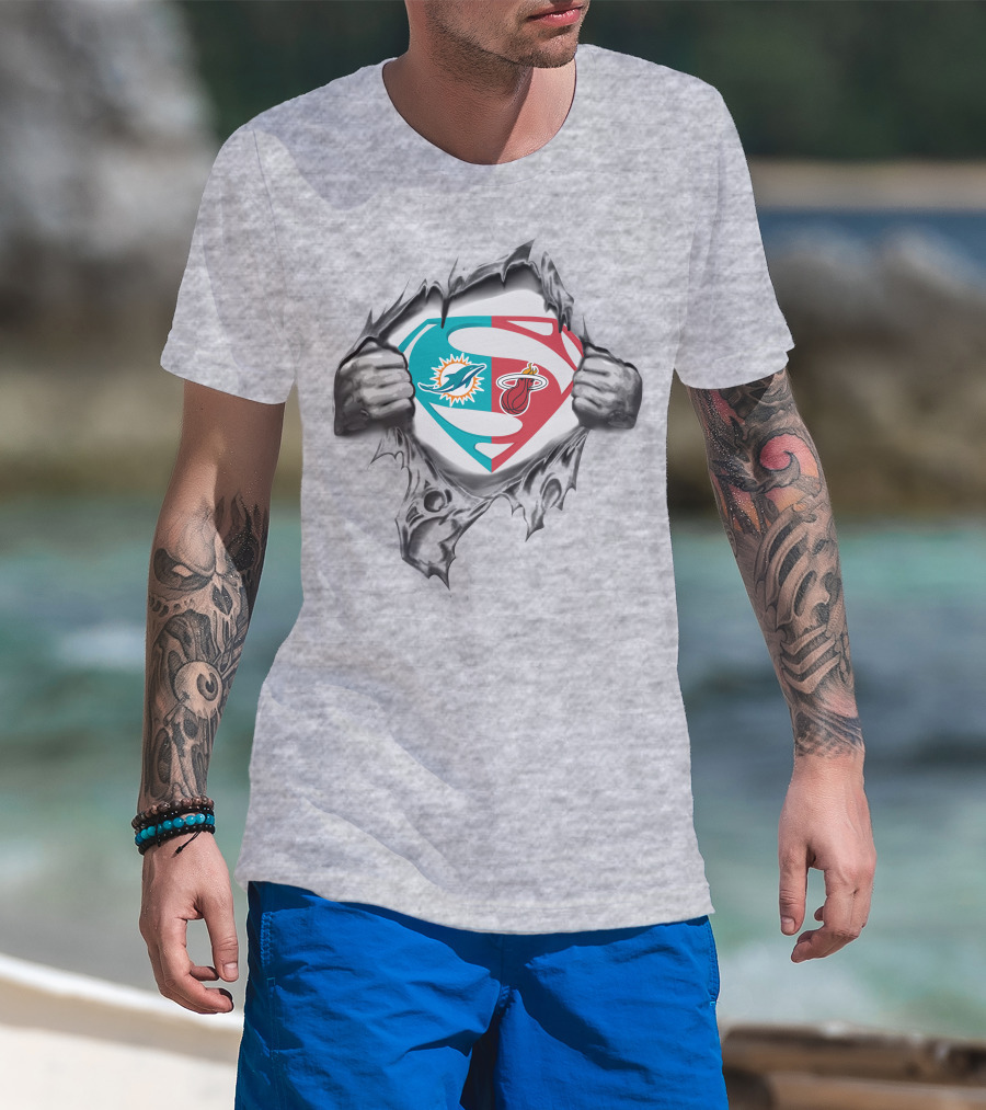Miami Dolphins And Miami Heat Superman Logo Fusion T-Shirt
