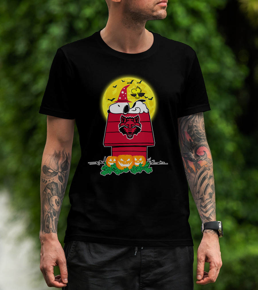 Arkansas State Red Wolves Snoopy Woodstock Halloween Pumpkins Moon Bats T-Shirt