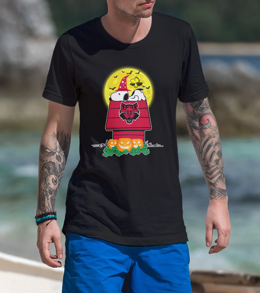 Arkansas State Red Wolves Snoopy Woodstock Halloween Pumpkins Moon Bats T-Shirt
