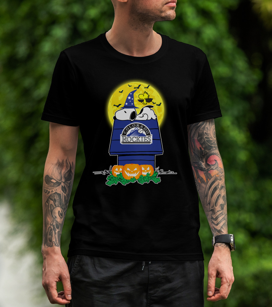 Colorado Rockies Snoopy Halloween Pumpkin Moon Woodstock T-Shirt