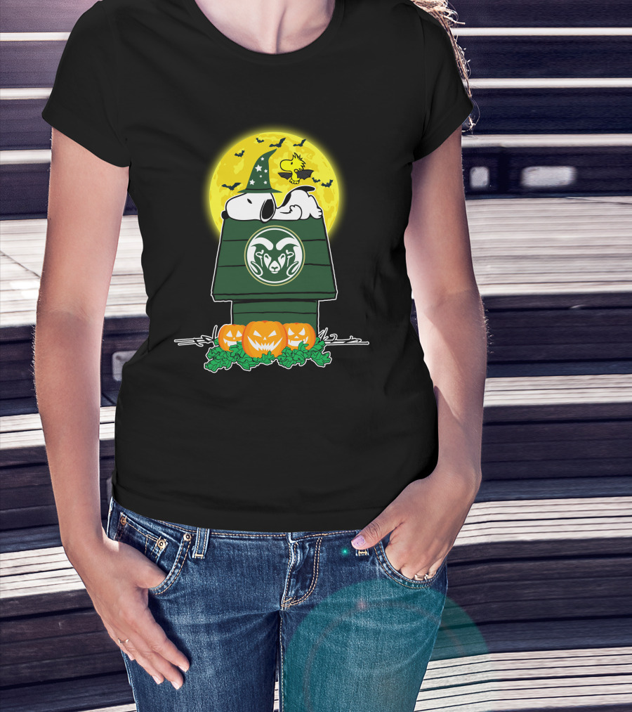 Colorado State Rams Snoopy Halloween Moon With Pumpkins And Woodstock On Doghouse T-Shirt