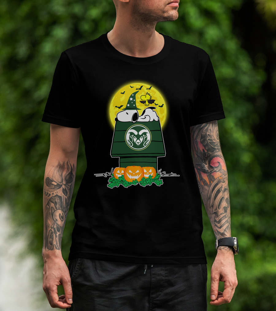 Colorado State Rams Snoopy Halloween Moon With Pumpkins And Woodstock On Doghouse T-Shirt