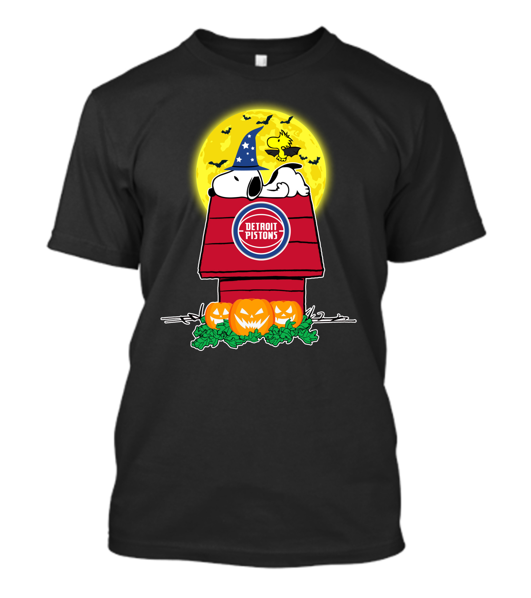 Detroit Pistons Snoopy Halloween Moon Pumpkins Peanuts Woodstock T-Shirt