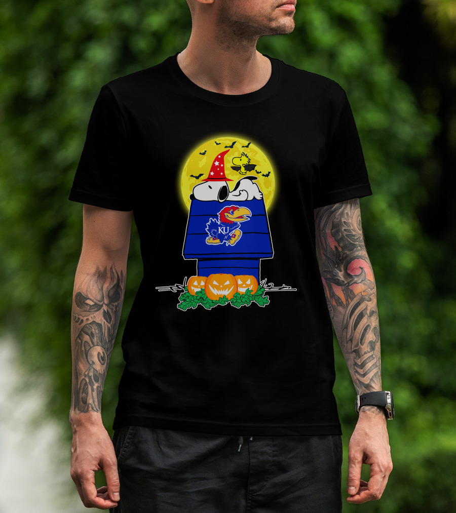 Kansas Jayhawks Snoopy Woodstock Halloween Full Moon Pumpkin House T-Shirt