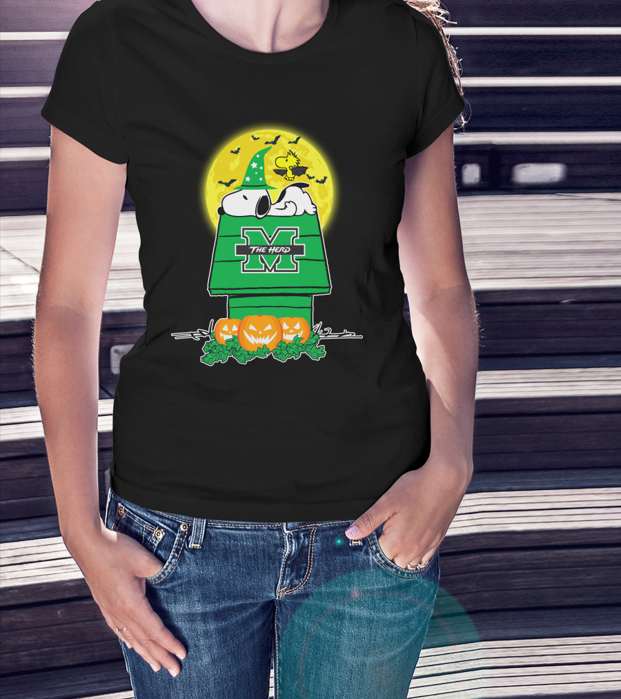 Marshall Thundering Herd Snoopy Woodstock Halloween Pumpkins Moon T-Shirt