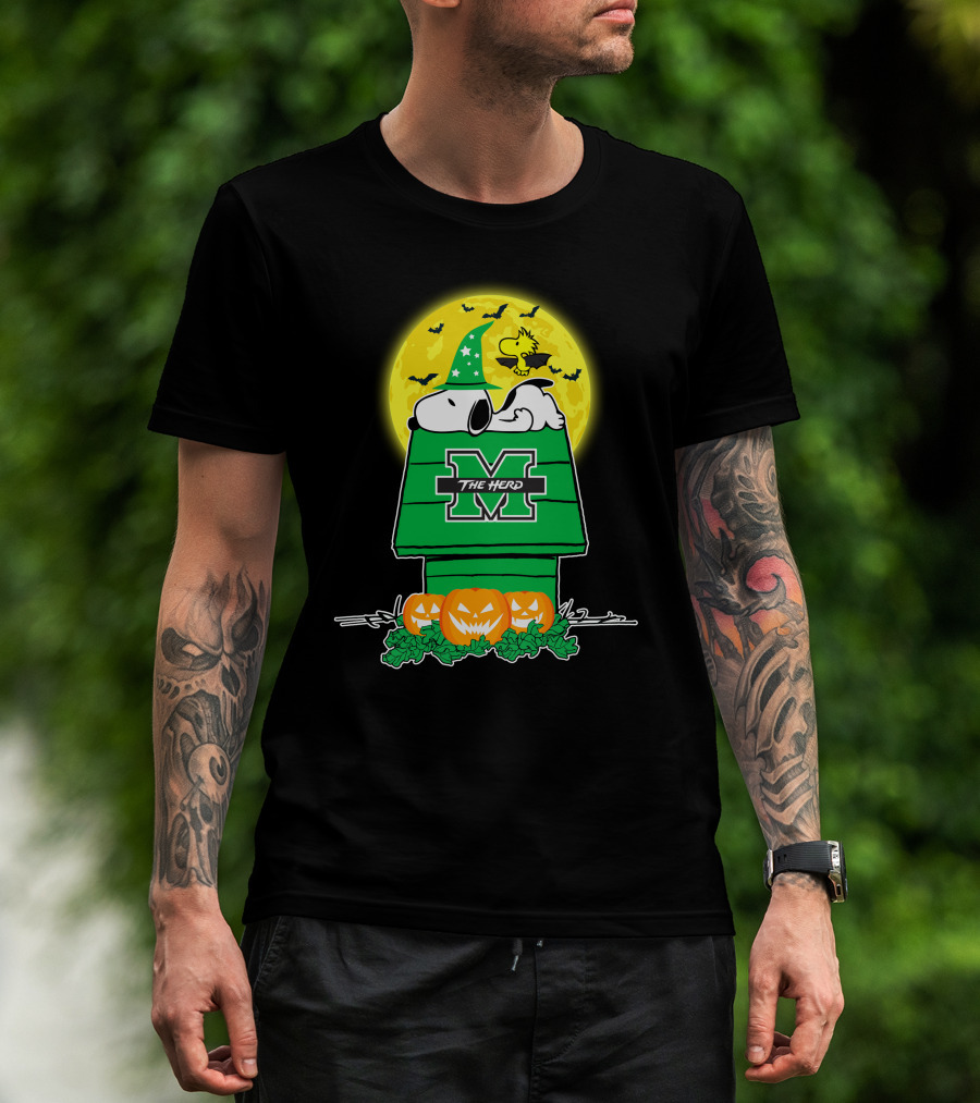 Marshall Thundering Herd Snoopy Woodstock Halloween Pumpkins Moon T-Shirt