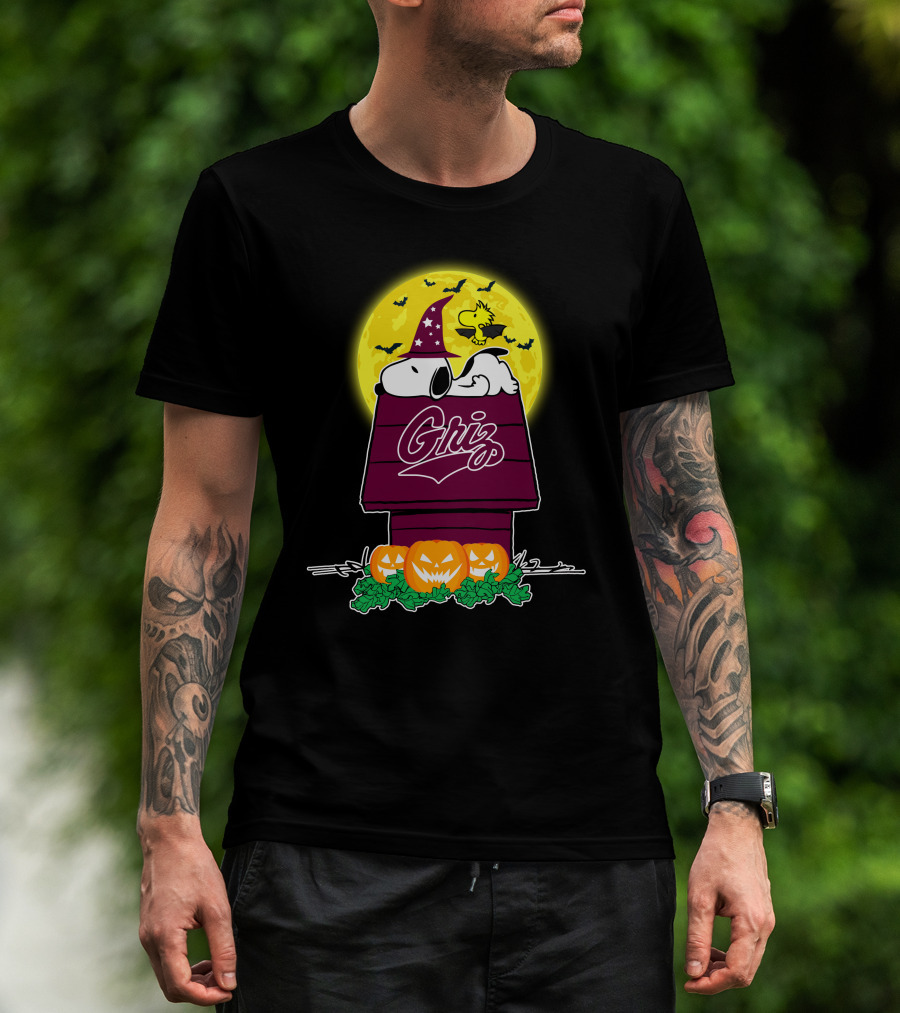 Montana Grizzlies Snoopy Woodstock Halloween Pumpkins Moon T-Shirt