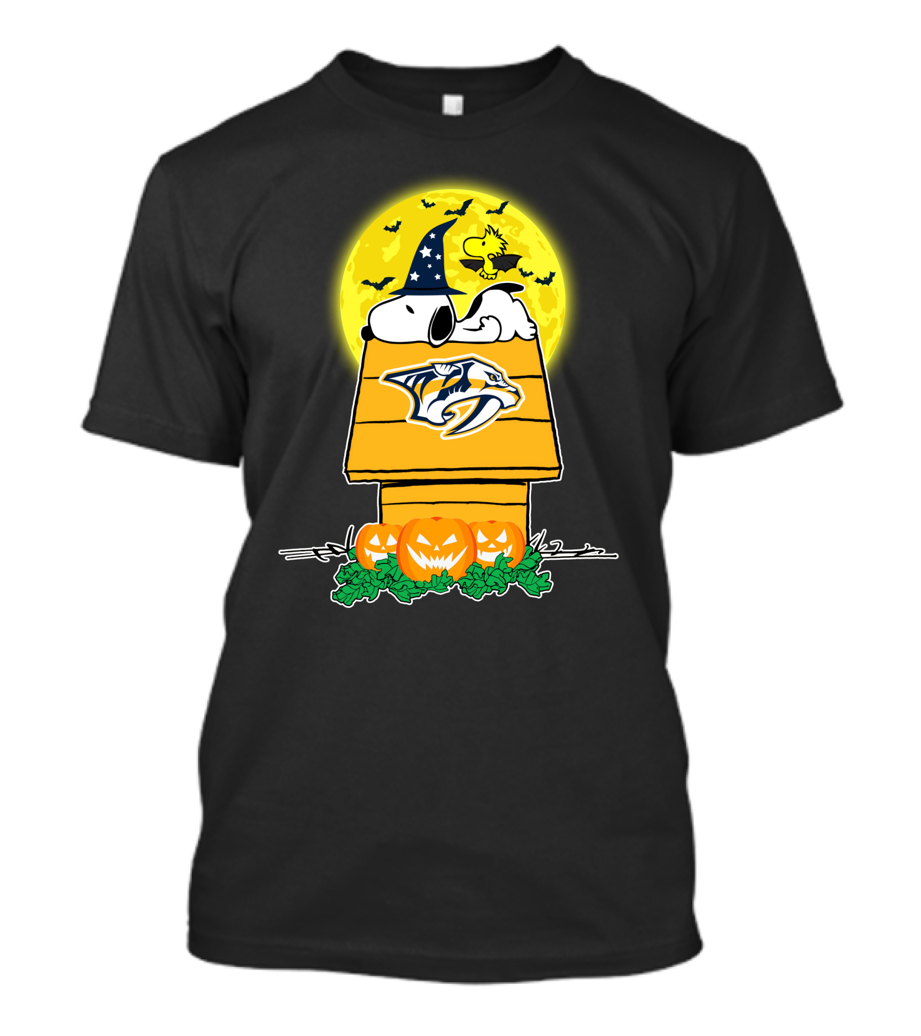 Nashville Predators Snoopy Woodstock Halloween Pumpkins Moon T-Shirt