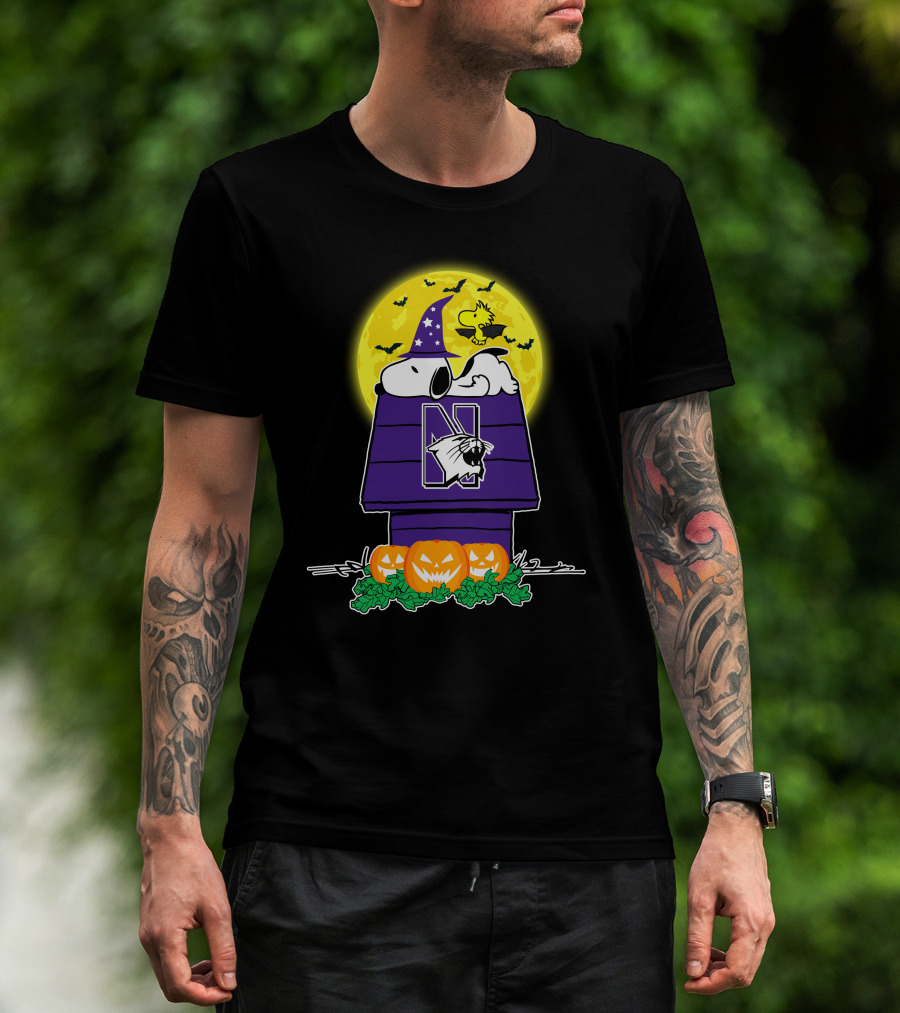 Northwestern Wildcats Snoopy Halloween Peanuts Moon Pumpkins Woodstock T-Shirt