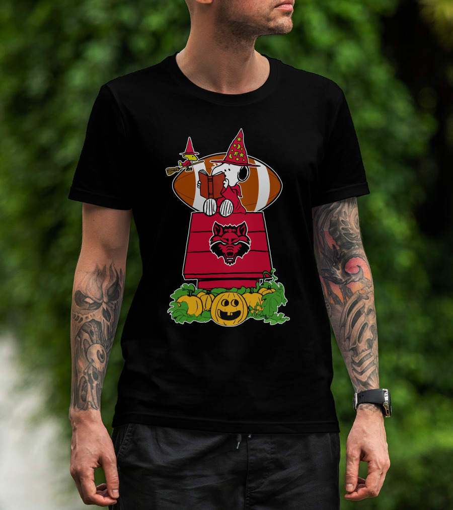 Snoopy Woodstock Witch Halloween Arkansas State Red Wolves Football Pumpkin Patch T-Shirt