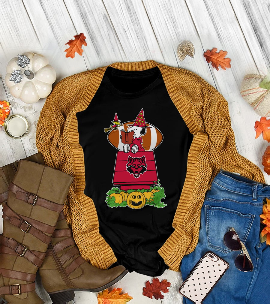 Snoopy Woodstock Witch Halloween Arkansas State Red Wolves Football Pumpkin Patch T-Shirt