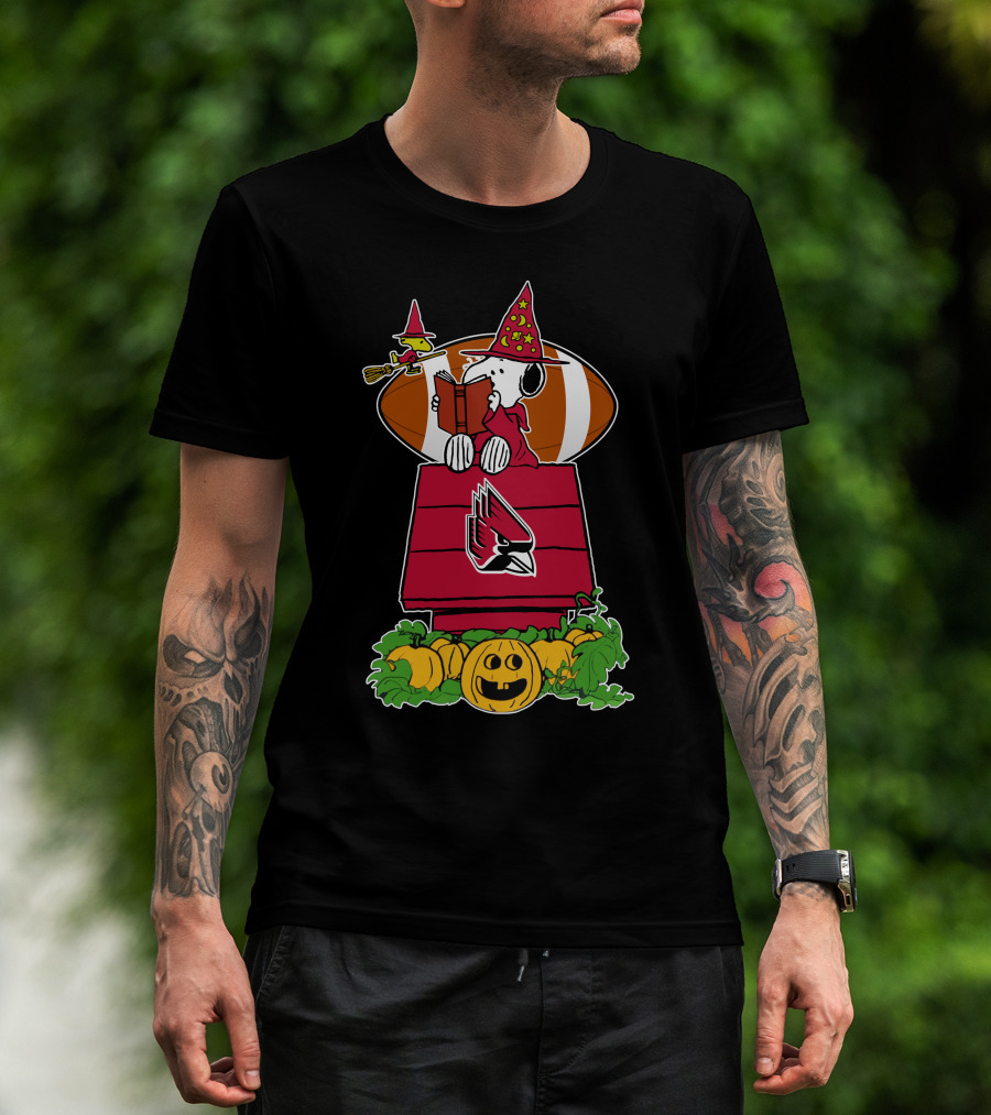 Ball State Cardinals Snoopy Halloween Great Pumpkin Patch Football Doghouse T-Shirt